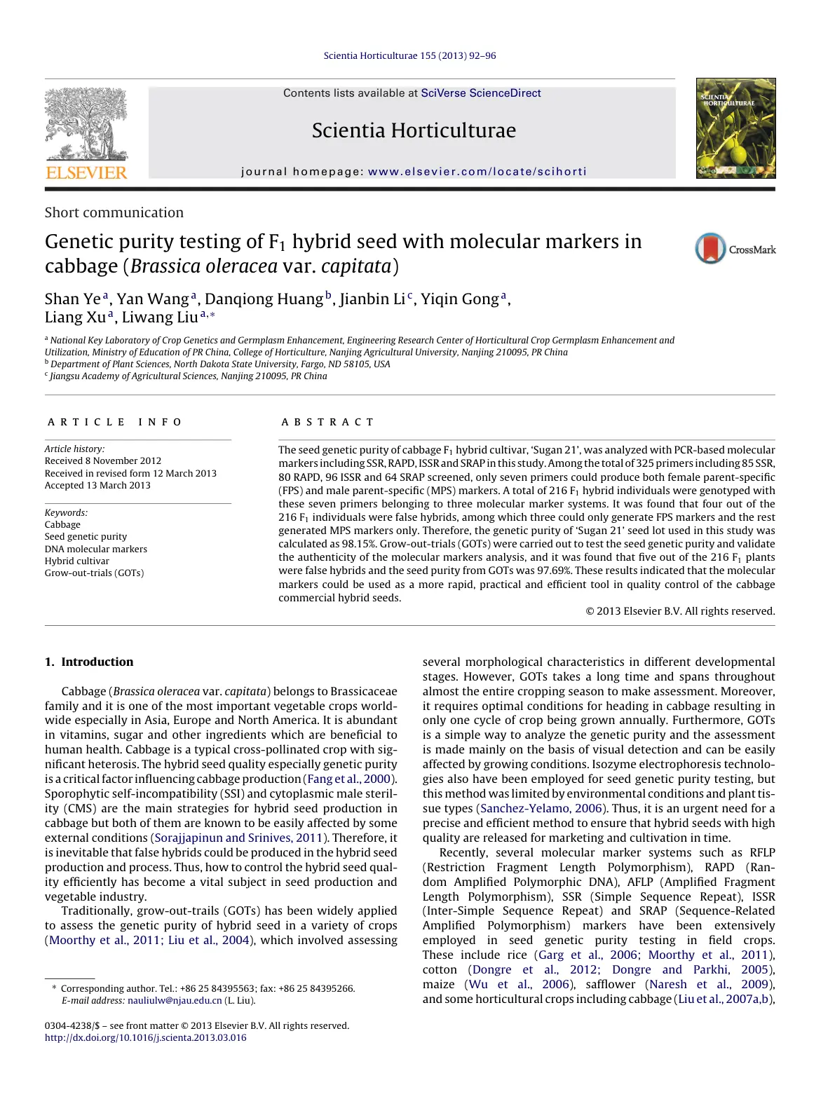 غلاف تقرير Genetic purity testing of F₁ hybrid seed with molecular markers in cabbage (Brassica oleracea var. capitata)
