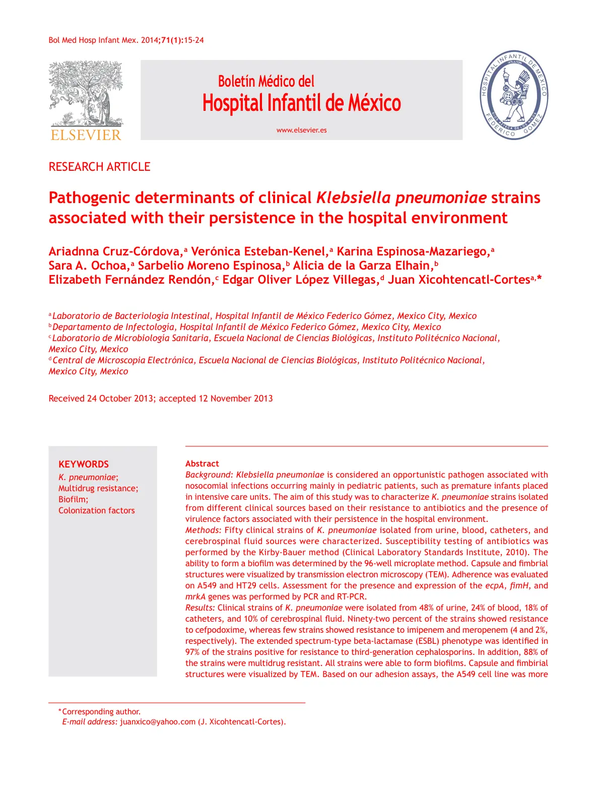 غلاف تقرير Pathogenic determinants of clinical Klebsiella pneumoniae strains associated with their persistence in the hospital environment