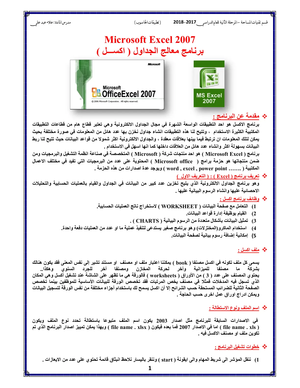 غلاف تقرير Microsoft Excel 2007 برنامج معالج الجداول (اكسل)