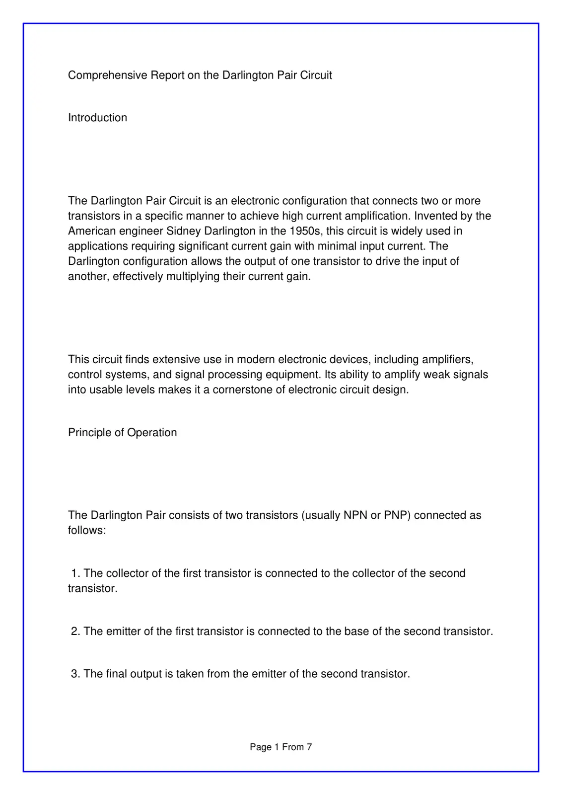 غلاف تقرير Comprehensive Report on the Darlington Pair Circuit