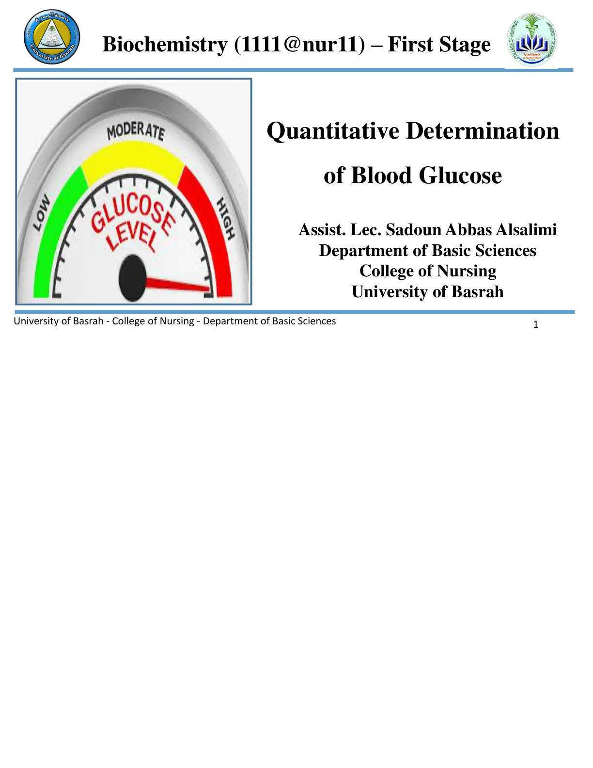 غلاف تقرير Biochemistry (MOLECULAR BIOLOGY): Quantitative Determination of Blood Glucose