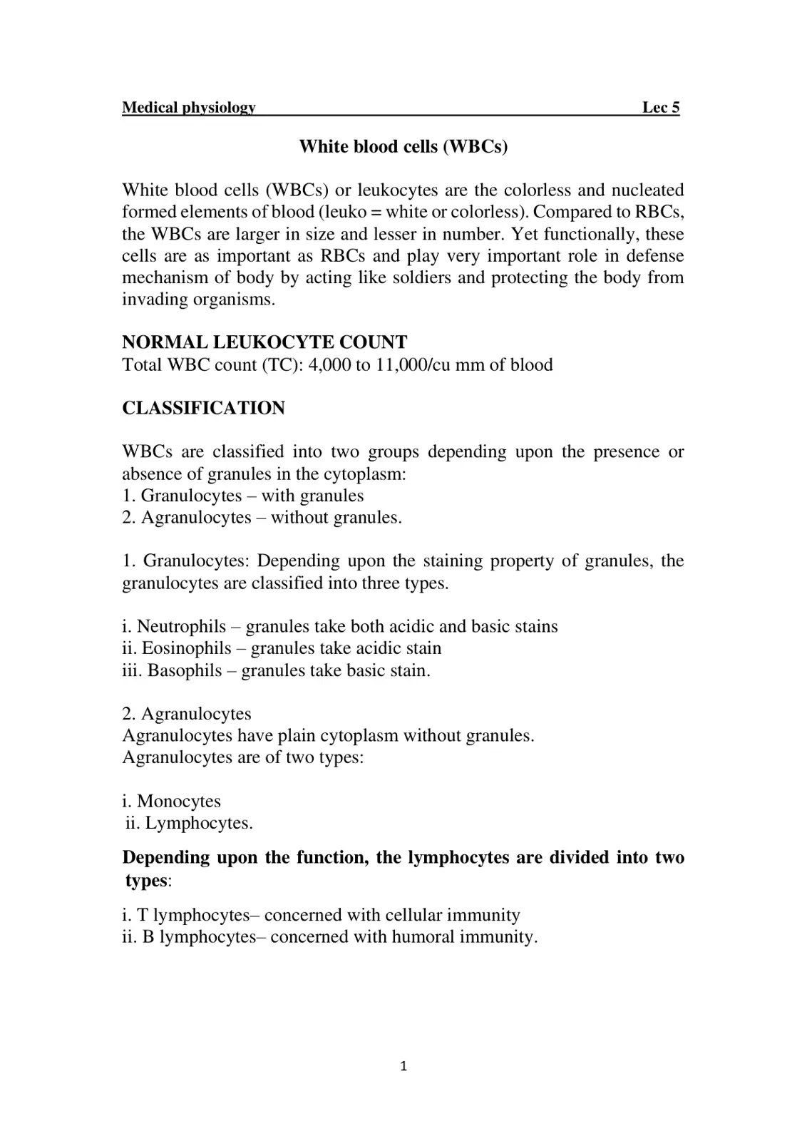 غلاف تقرير Medical physiology - White blood cells (WBCs)