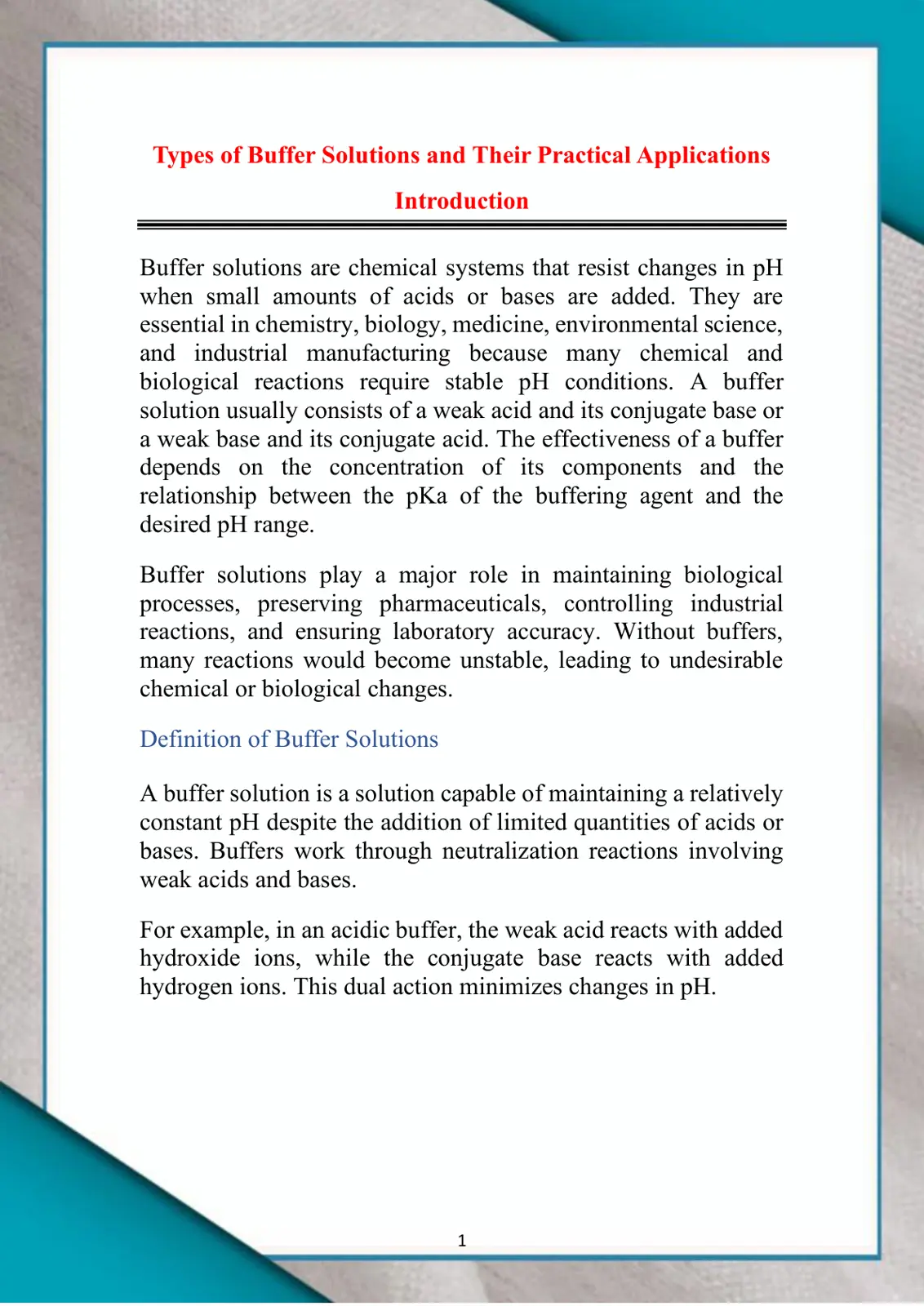 غلاف تقرير Types of Buffer Solutions and Their Practical Applications
