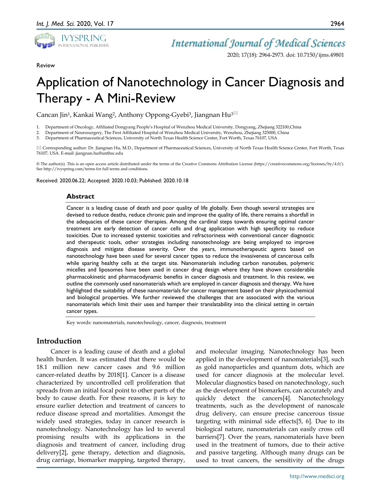 غلاف تقرير Application of Nanotechnology in Cancer Diagnosis and Therapy: A Mini-Review