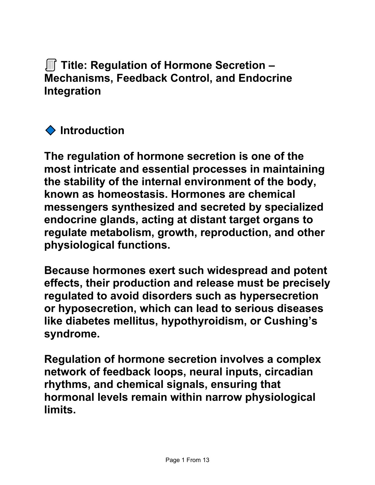 غلاف تقرير Regulation of Hormone Secretion - Mechanisms, Feedback Control, and Endocrine Integration