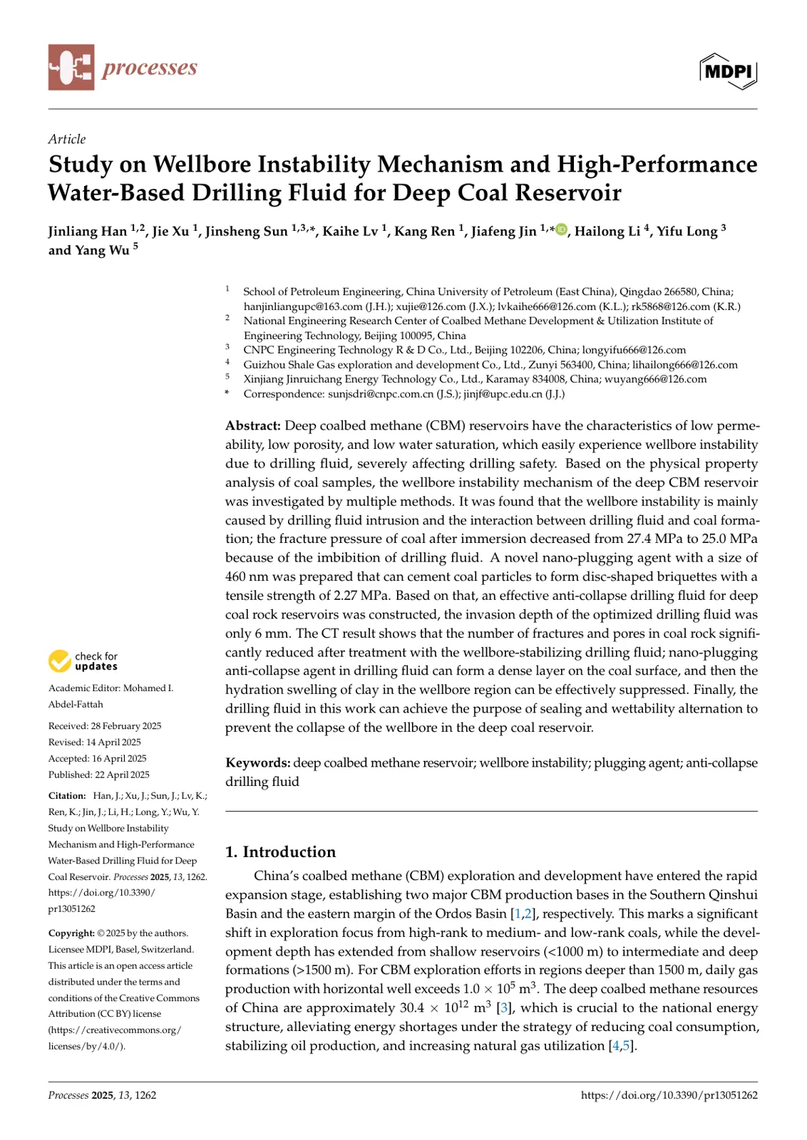غلاف تقرير Study on Wellbore Instability Mechanism and High-Performance Water-Based Drilling Fluid for Deep Coal Reservoir