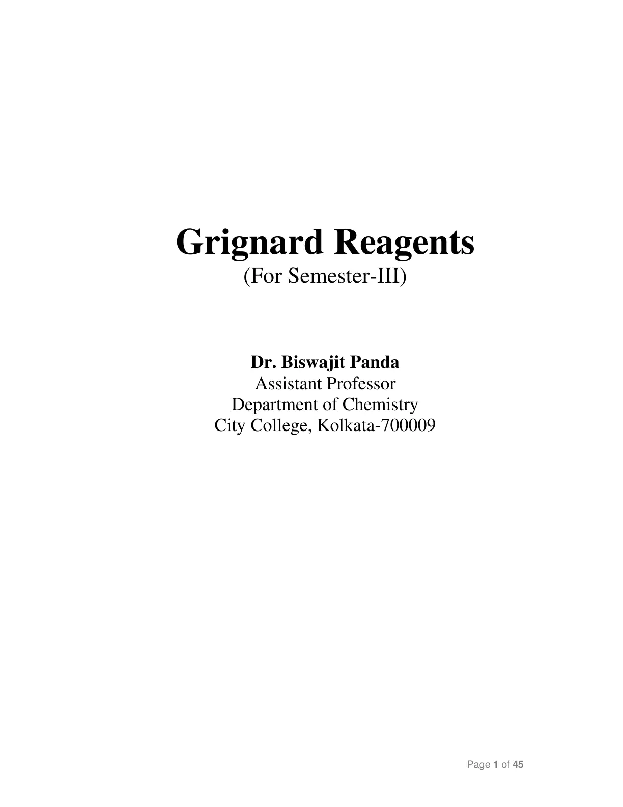غلاف تقرير Grignard Reagents (For Semester-III)