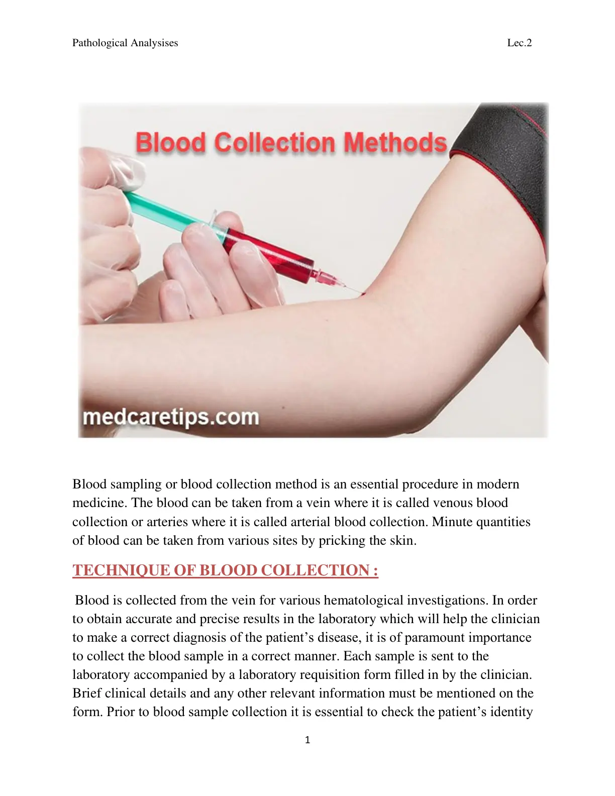 غلاف تقرير Pathological Analyses - Blood Collection Methods