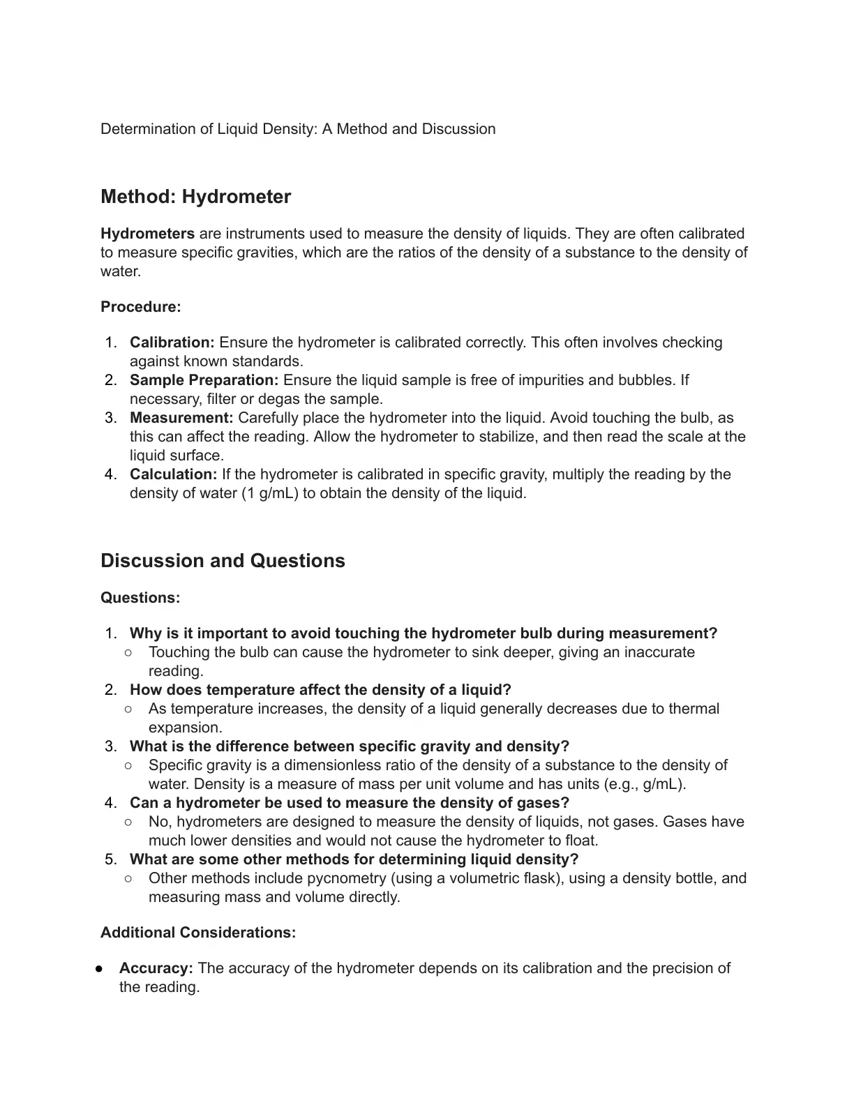غلاف تقرير Determination of Liquid Density: A Method and Discussion