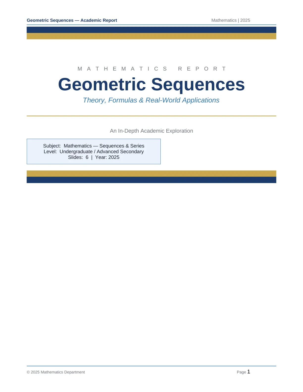 غلاف تقرير Geometric Sequences - Academic Report