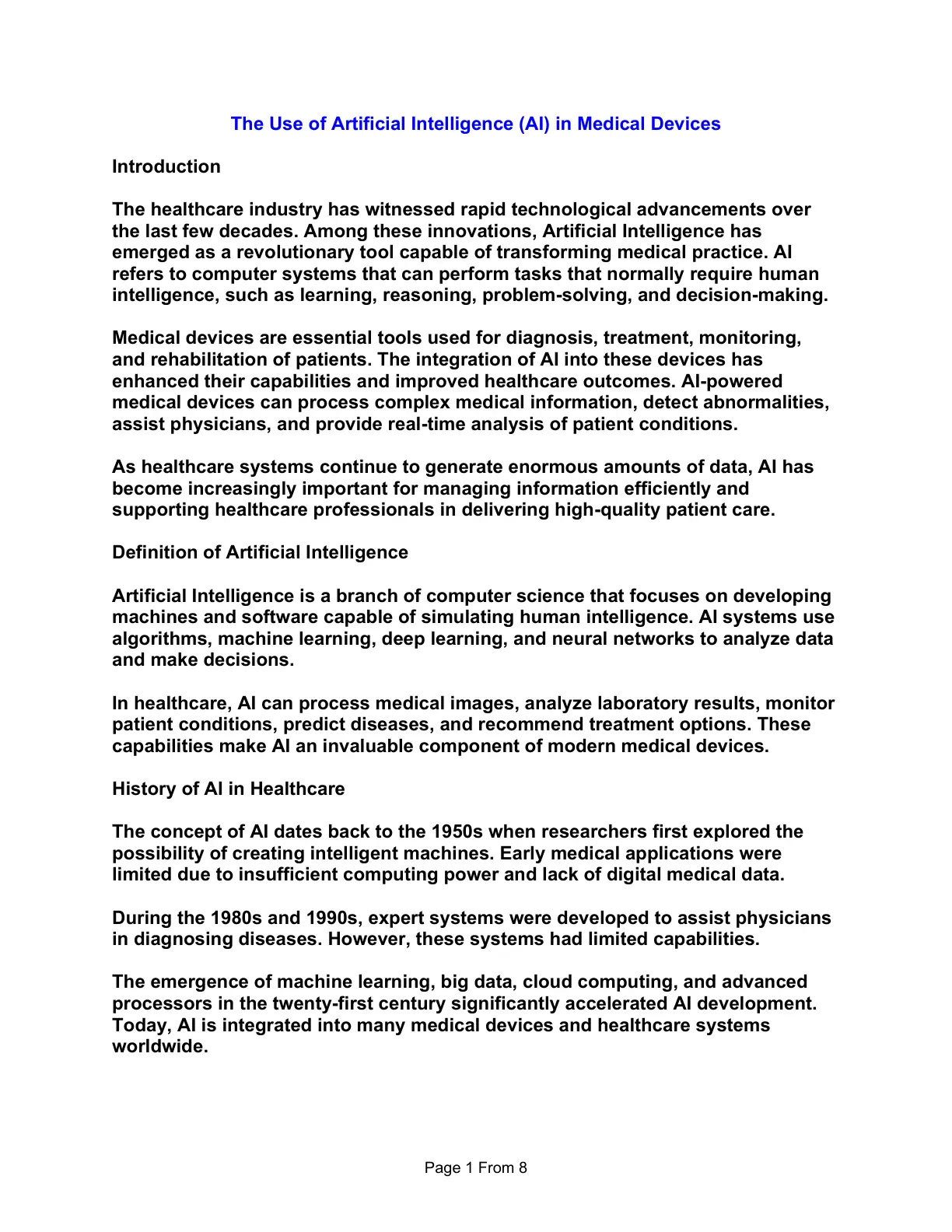 غلاف تقرير The Use of Artificial Intelligence (AI) in Medical Devices