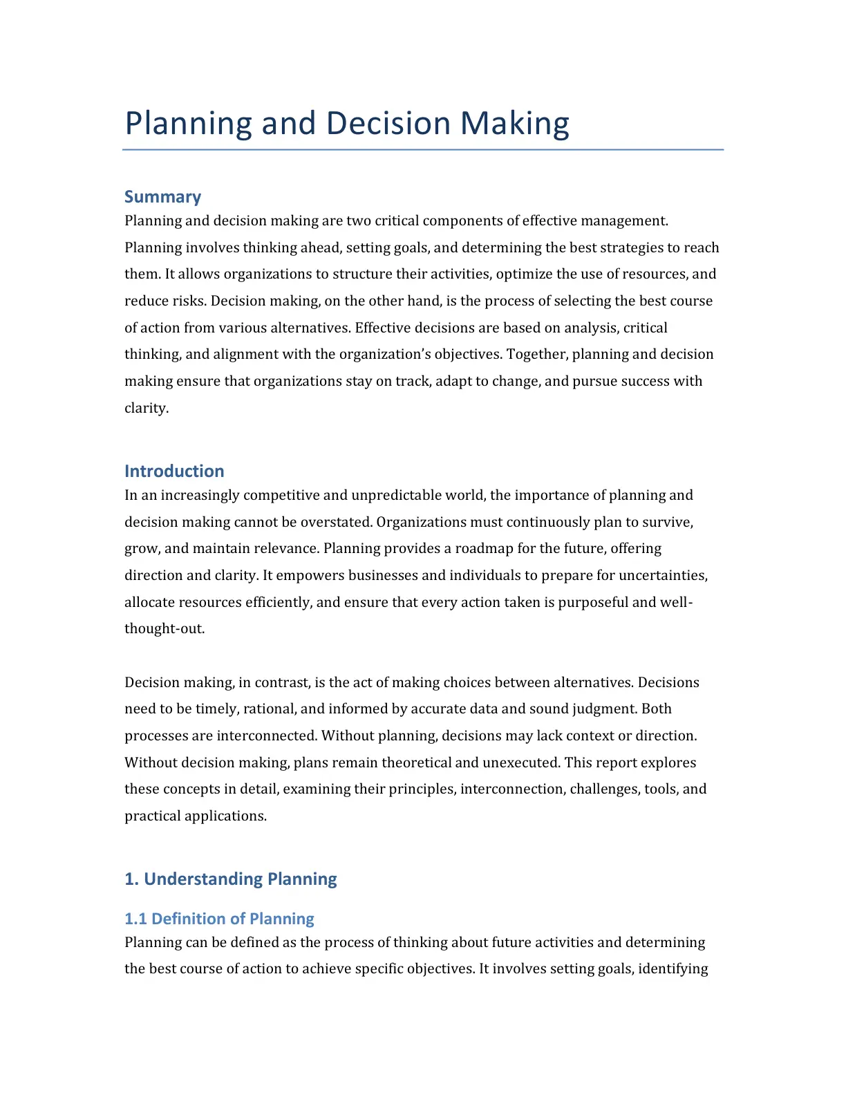 غلاف تقرير Planning and Decision Making