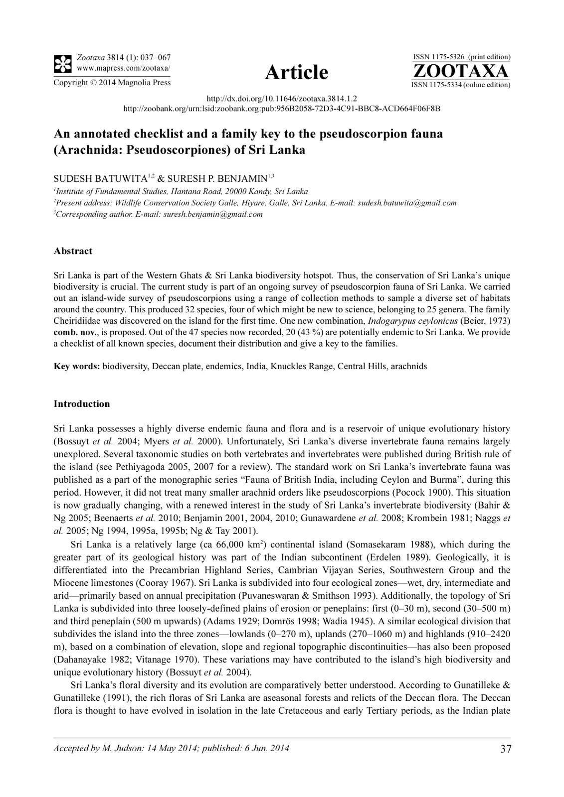 غلاف تقرير An annotated checklist and a family key to the pseudoscorpion fauna (Arachnida: Pseudoscorpiones) of Sri Lanka