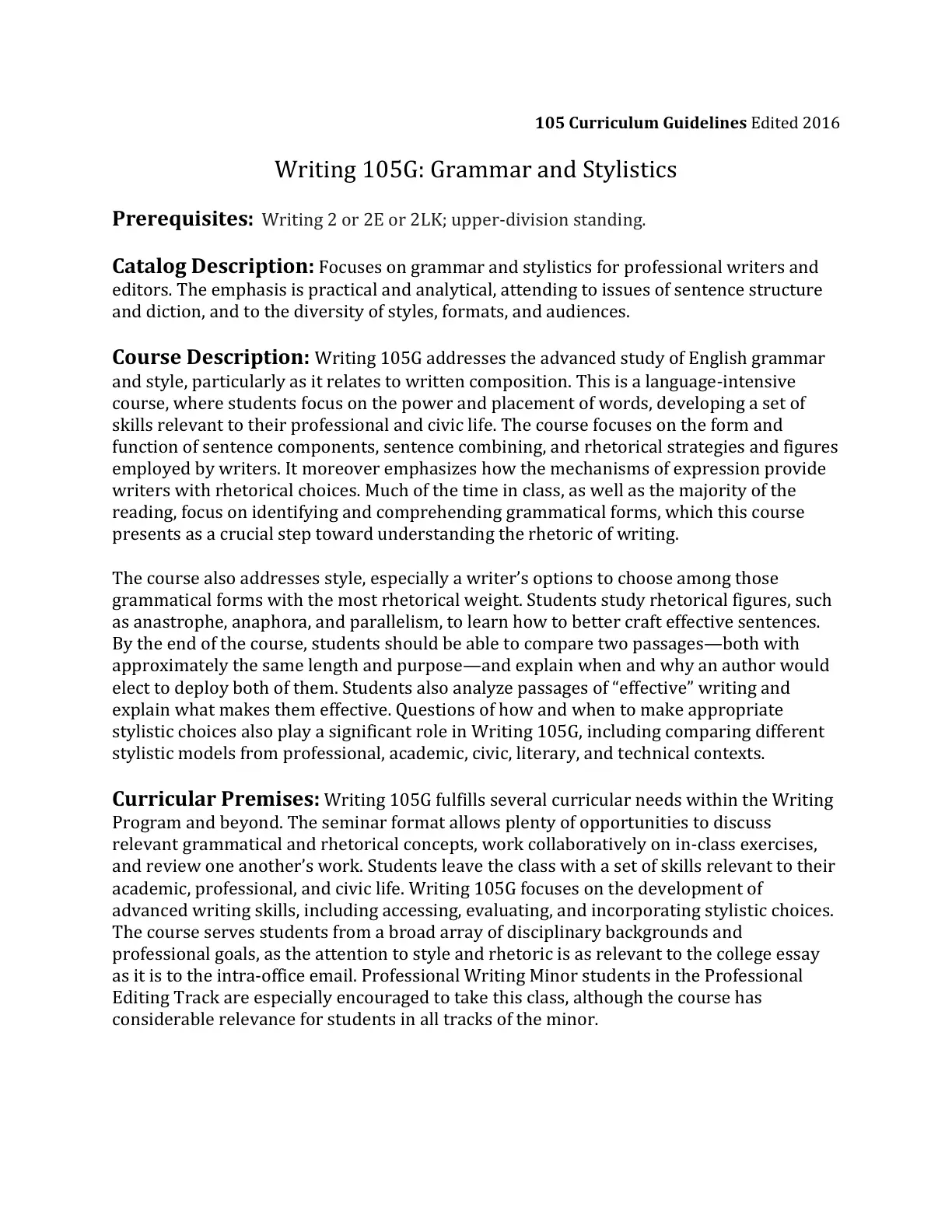غلاف تقرير Curriculum Guidelines Writing 105G: Grammar and Stylistics