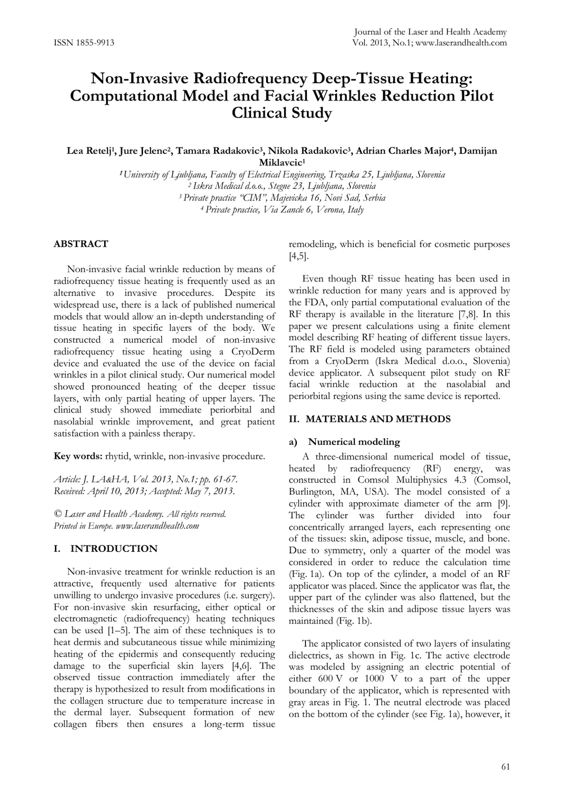 غلاف تقرير Non-Invasive Radiofrequency Deep-Tissue Heating: Computational Model and Facial Wrinkles Reduction Pilot Clinical Study