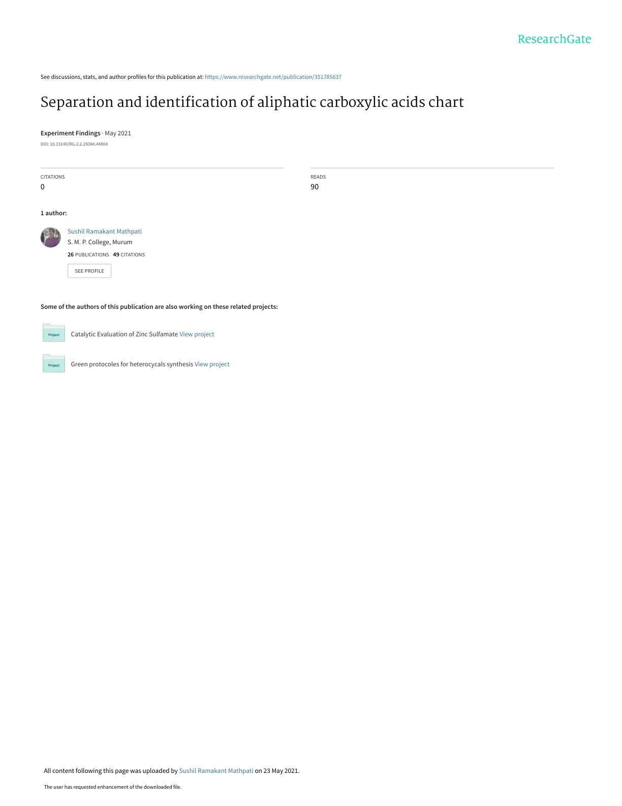 غلاف تقرير Separation and Identification of Aliphatic Carboxylic Acids Chart