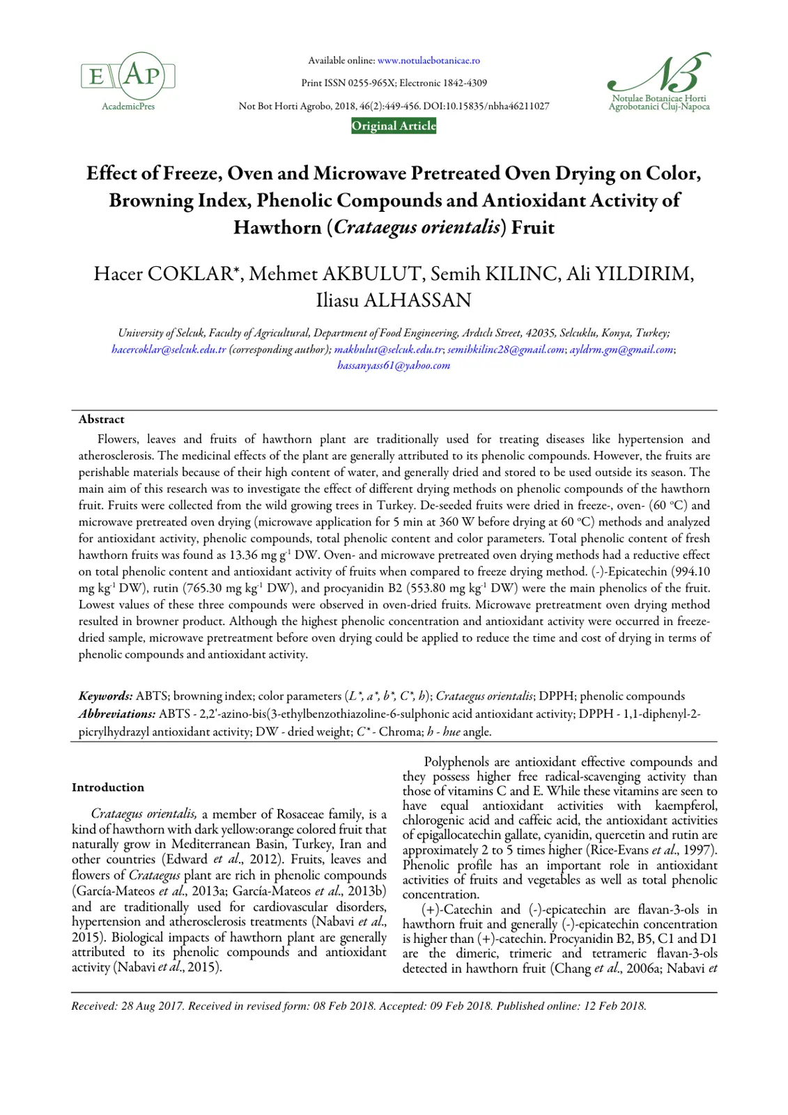 غلاف تقرير Effect of Freeze, Oven and Microwave Pretreated Oven Drying on Color, Browning Index, Phenolic Compounds and Antioxidant Activity of Hawthorn (Crataegus orientalis) Fruit