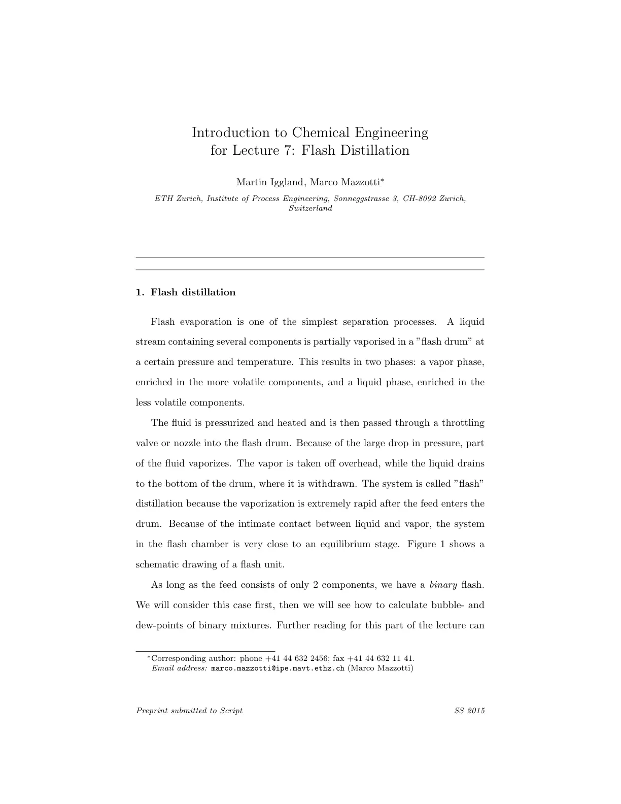 غلاف تقرير Introduction to Chemical Engineering for Lecture 7: Flash Distillation