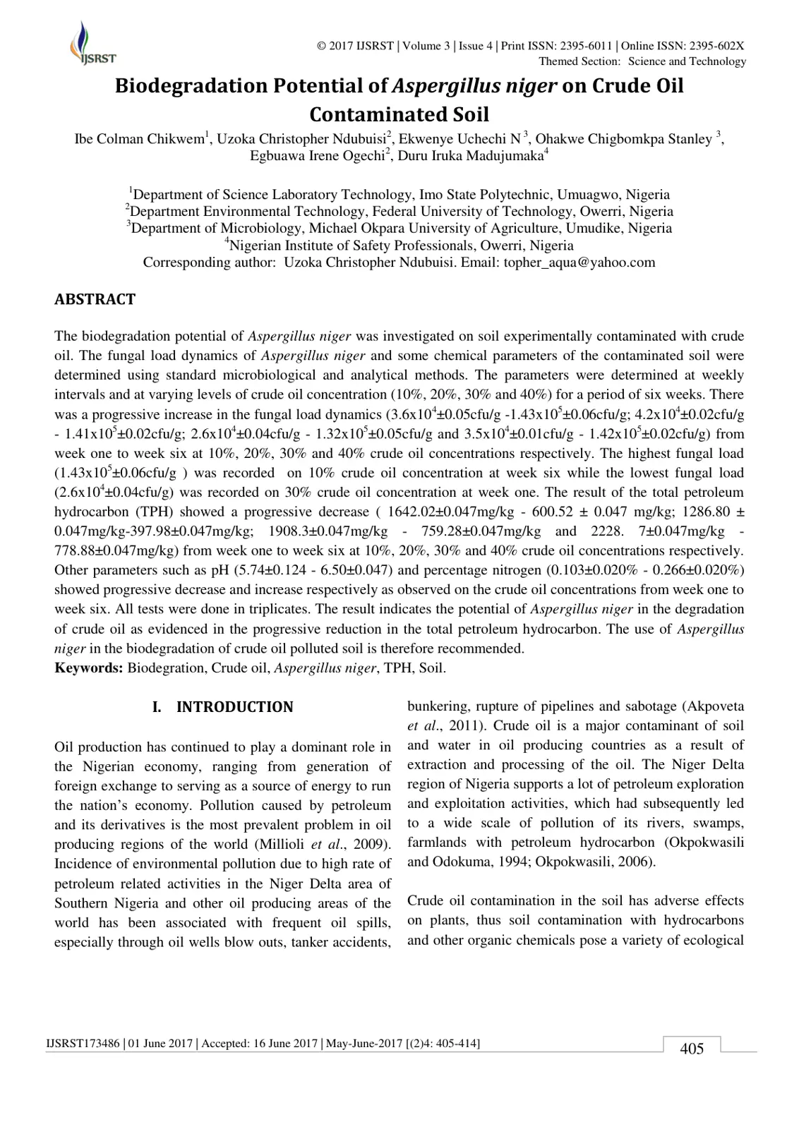 غلاف تقرير Biodegradation Potential of Aspergillus niger on Crude Oil Contaminated Soil