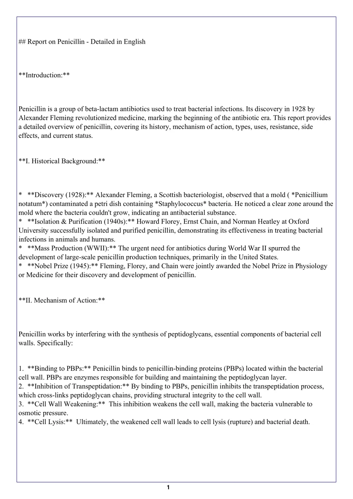 غلاف تقرير Report on Penicillin - Detailed in English