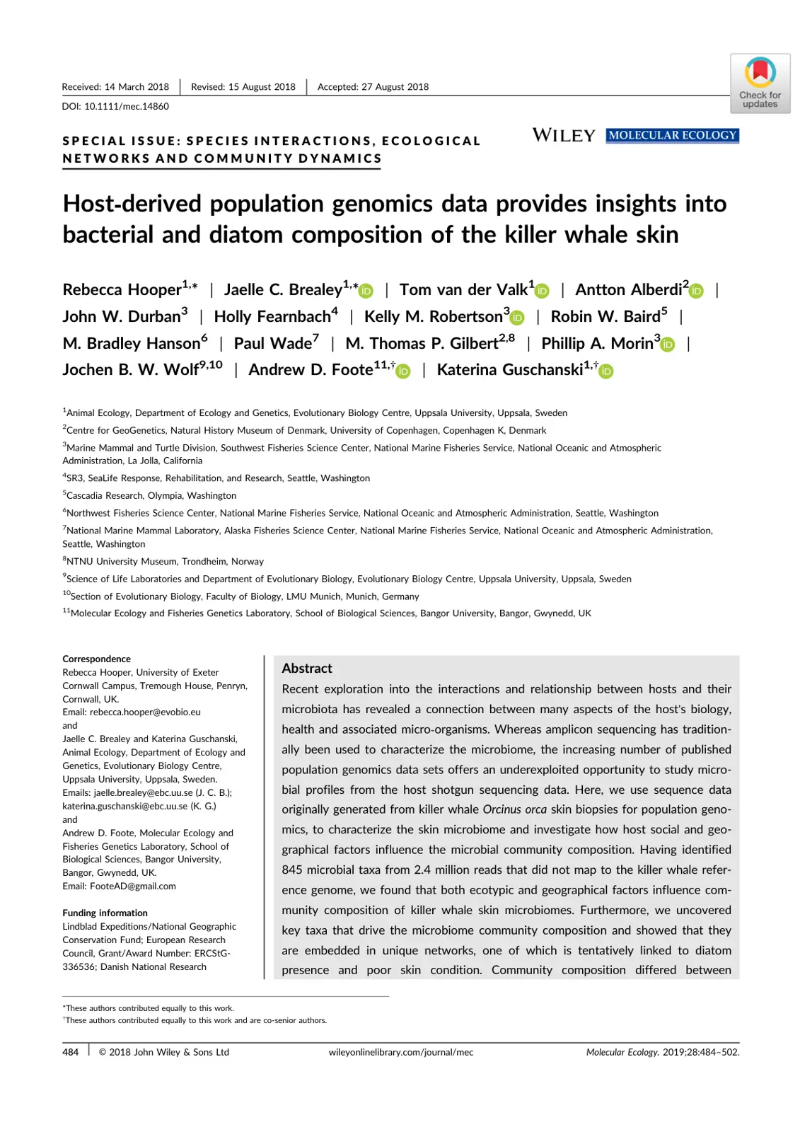 غلاف تقرير Host-derived population genomics data provides insights into bacterial and diatom composition of the killer whale skin