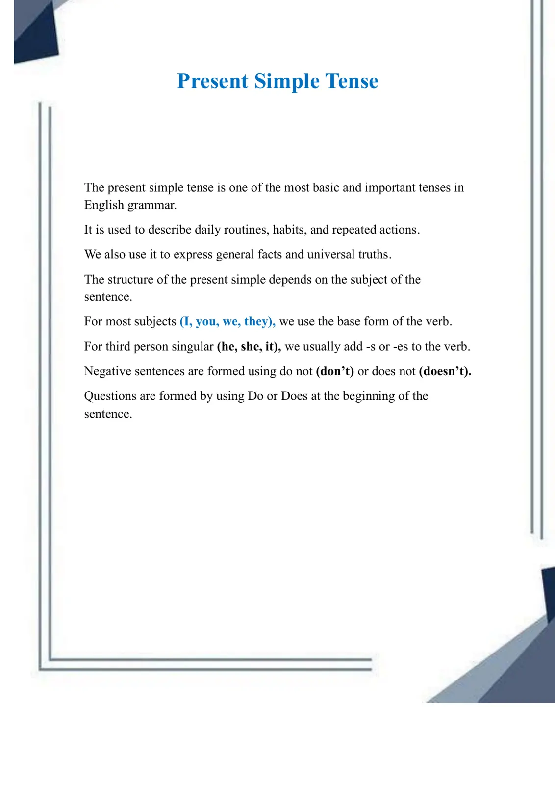غلاف تقرير Present Simple Tense