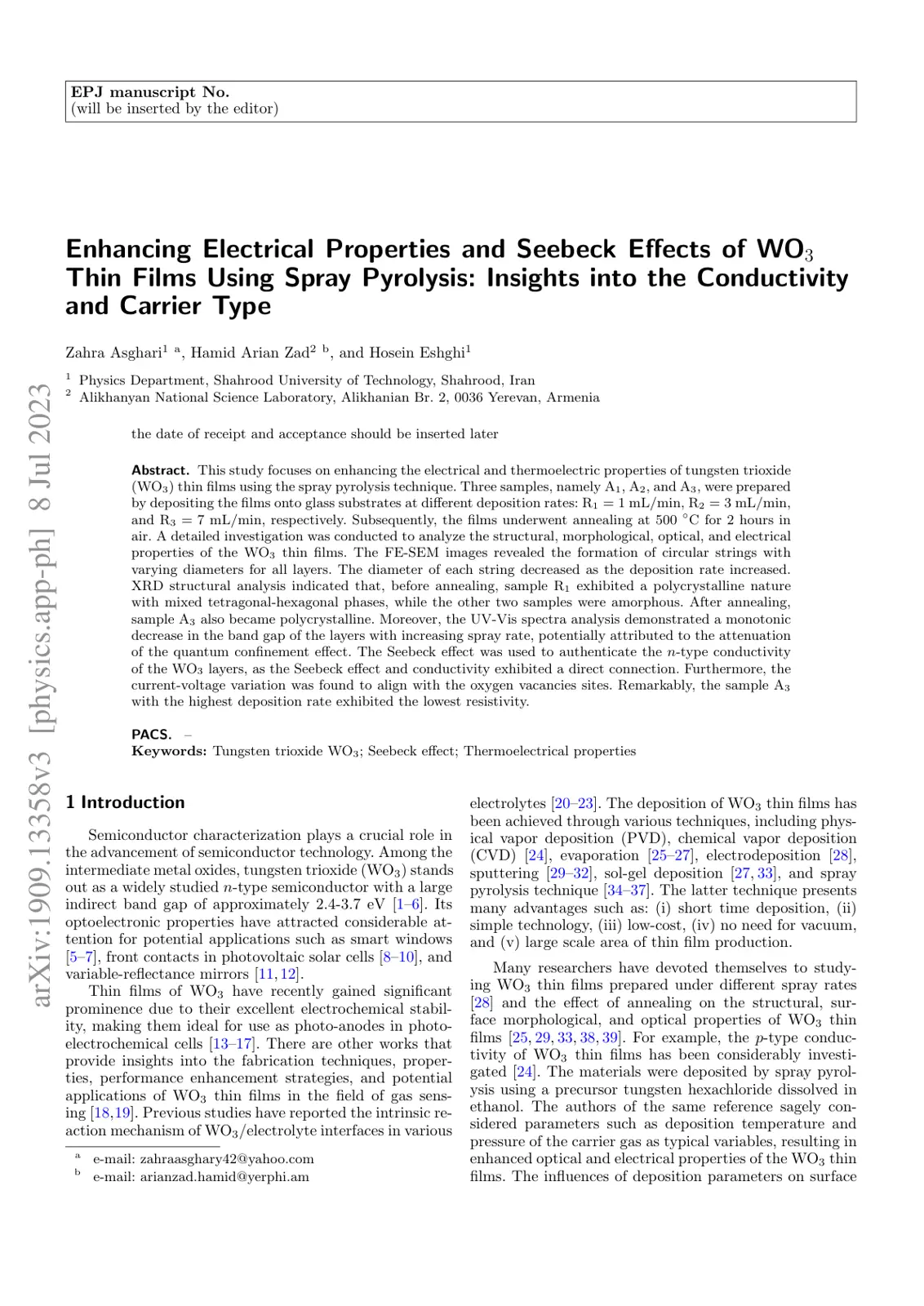 غلاف تقرير Enhancing Electrical Properties and Seebeck Effects of WO3 Thin Films Using Spray Pyrolysis: Insights into the Conductivity and Carrier Type