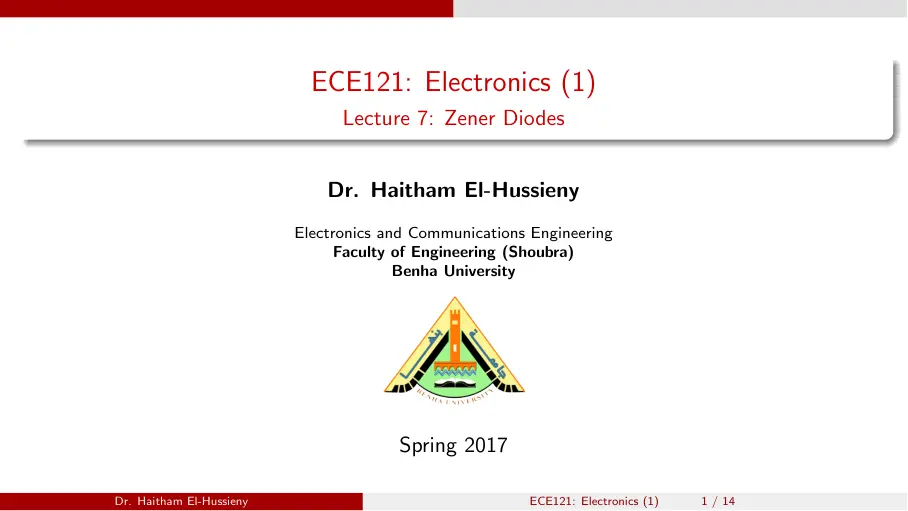 غلاف تقرير ECE121: Electronics (1) Lecture 7: Zener Diodes