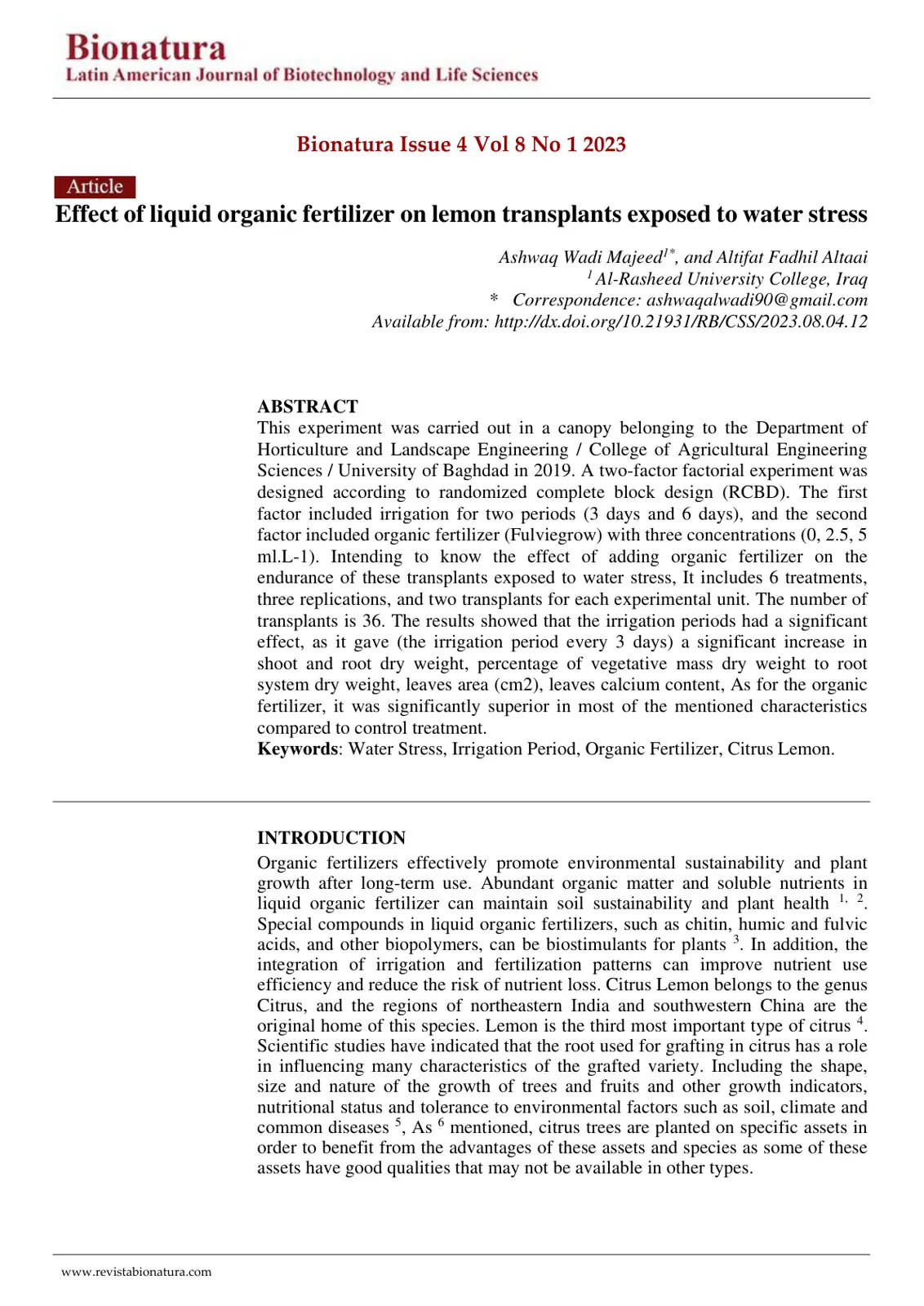 غلاف تقرير Effect of liquid organic fertilizer on lemon transplants exposed to water stress