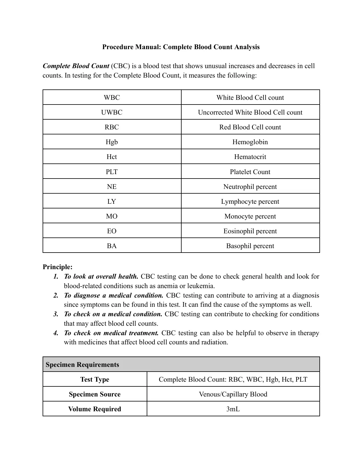 غلاف تقرير Procedure Manual: Complete Blood Count Analysis