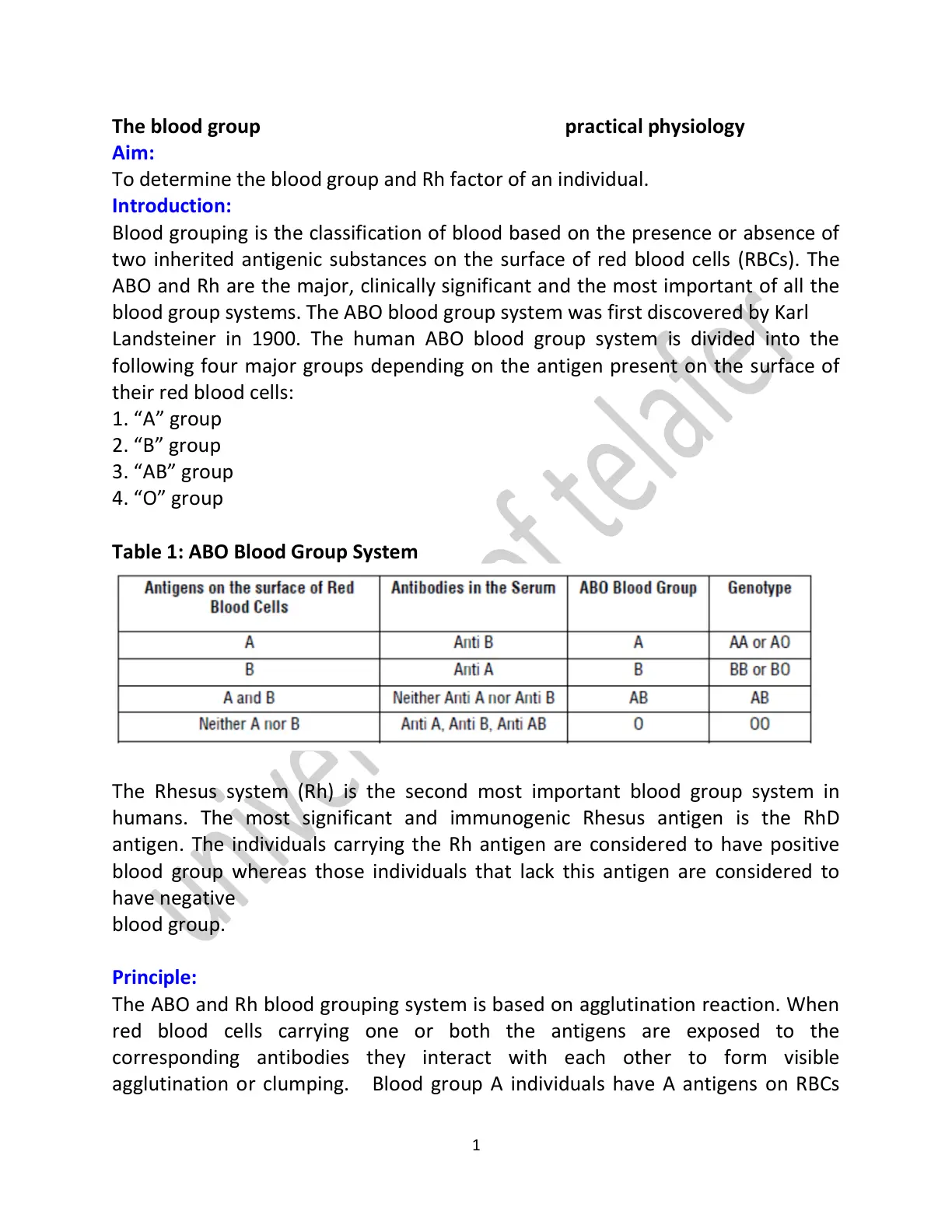 غلاف تقرير The blood group practical physiology