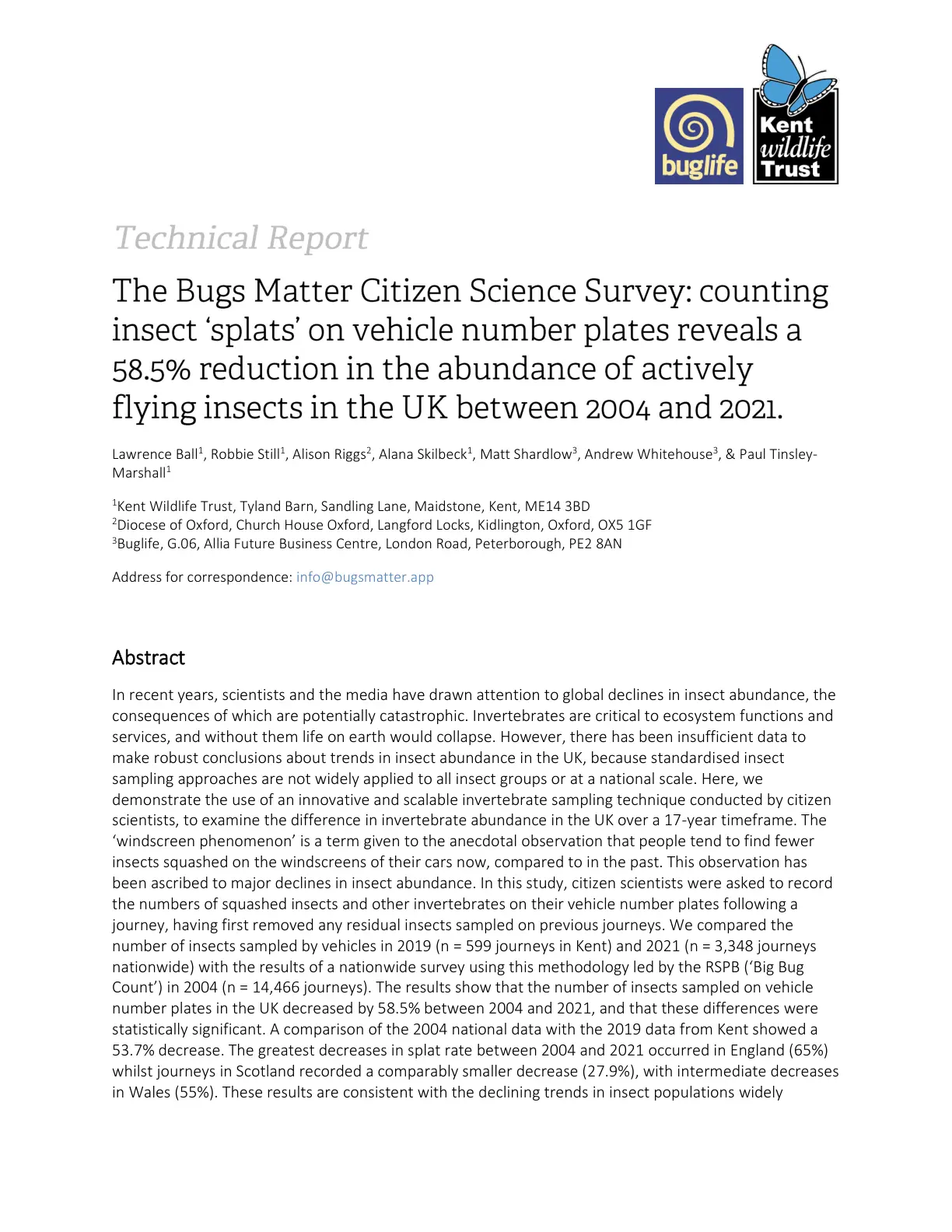 غلاف تقرير The Bugs Matter Citizen Science Survey: counting insect 'splats' on vehicle number plates reveals a 58.5% reduction in the abundance of actively flying insects in the UK between 2004 and 2021