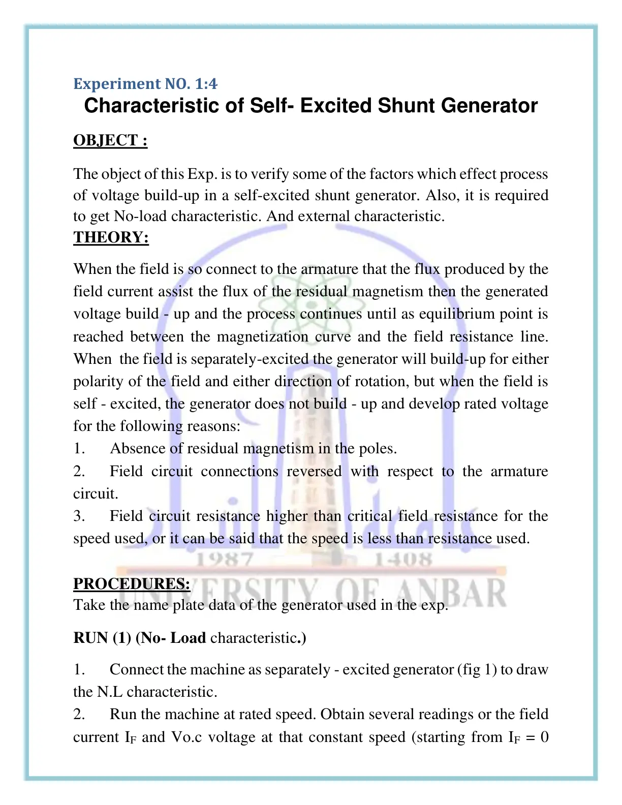 غلاف تقرير Experiment NO. 1:4 Characteristic of Self-Excited Shunt Generator