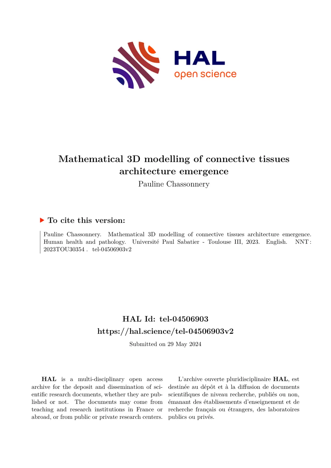 غلاف تقرير Mathematical 3D Modelling of Connective Tissues Architecture Emergence