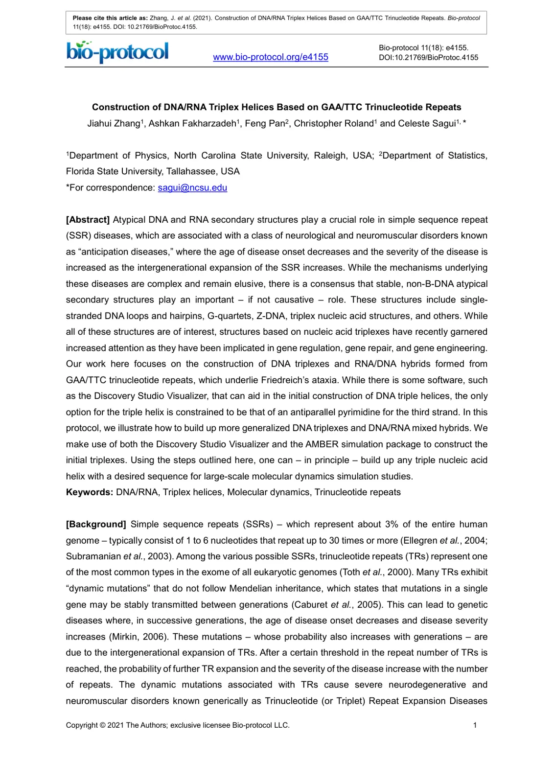 غلاف تقرير Construction of DNA/RNA Triplex Helices Based on GAA/TTC Trinucleotide Repeats