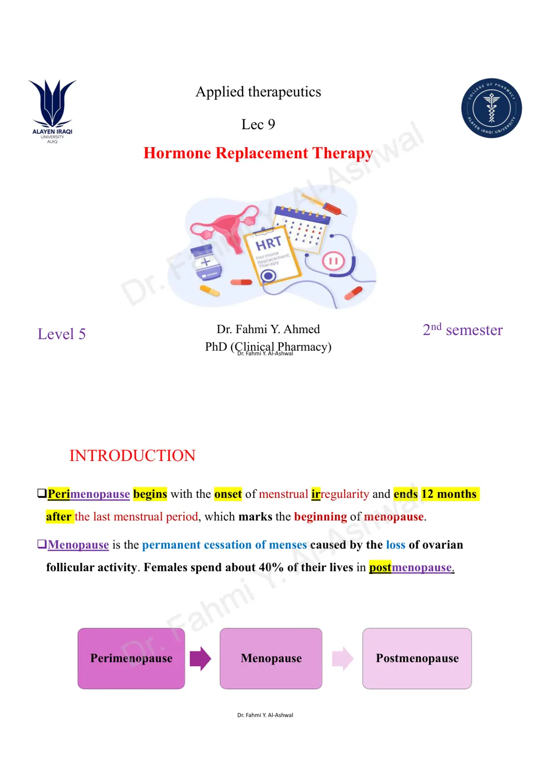 غلاف تقرير Applied Therapeutics Lec 9 – Hormone Replacement Therapy
