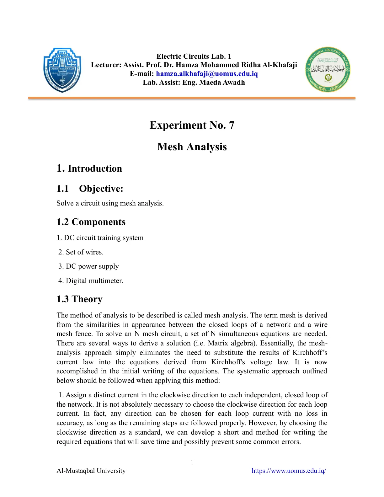 غلاف تقرير Experiment No. 7 Mesh Analysis