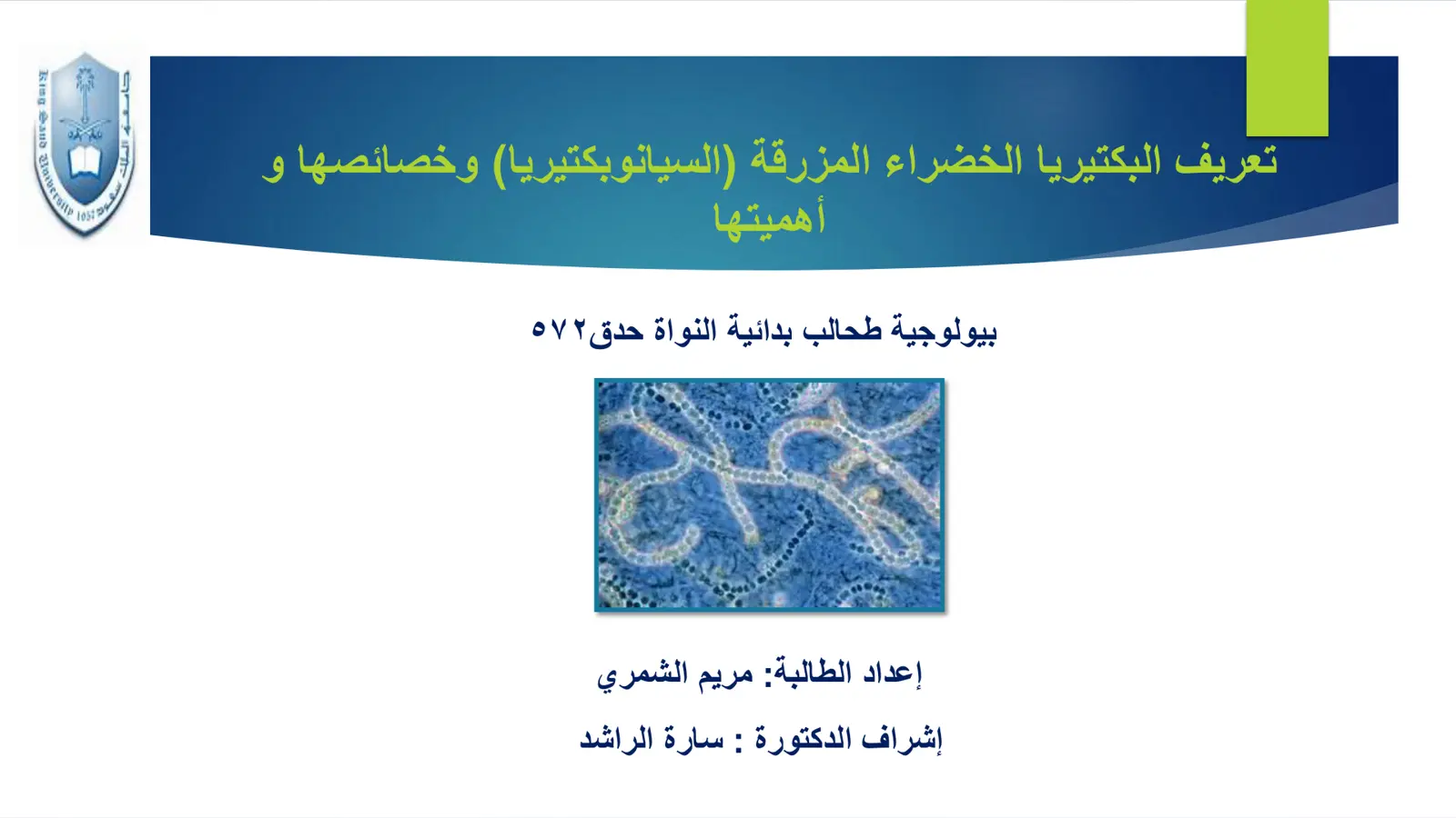 غلاف تقرير تعريف البكتيريا الخضراء المزرقة (السيانو بكتيريا) وخصائصها وأهميتها