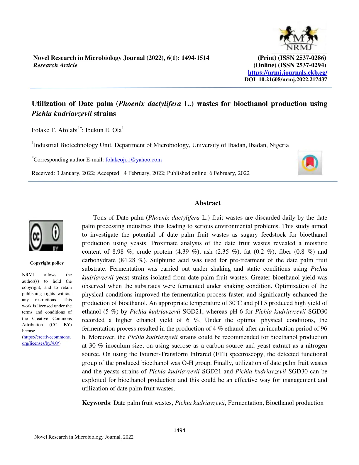غلاف تقرير Utilization of Date palm (Phoenix dactylifera L.) wastes for bioethanol production using Pichia kudriavzevii strains