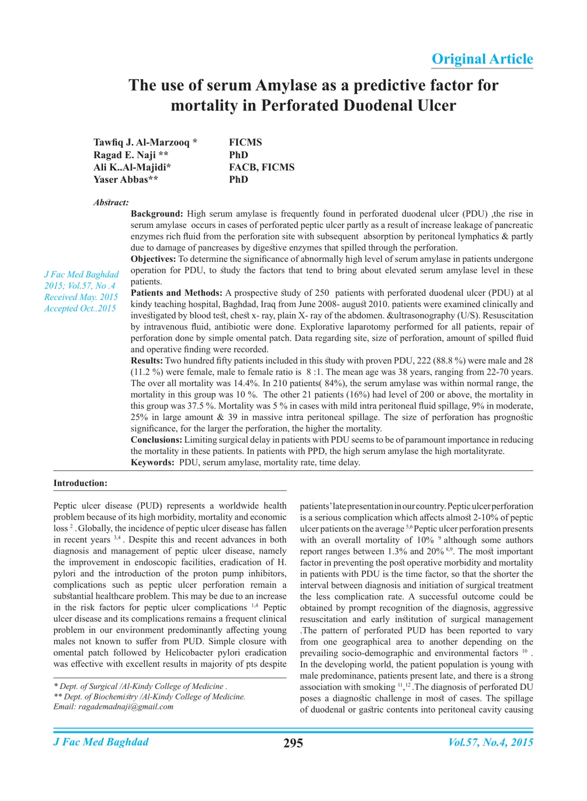 غلاف تقرير The use of serum Amylase as a predictive factor for mortality in Perforated Duodenal Ulcer