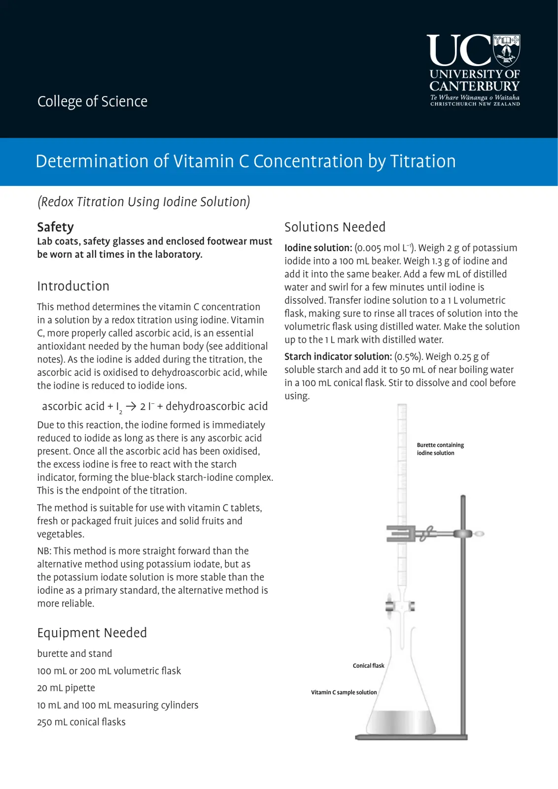 غلاف تقرير Determination of Vitamin C Concentration by Titration (Redox Titration Using Iodine Solution)