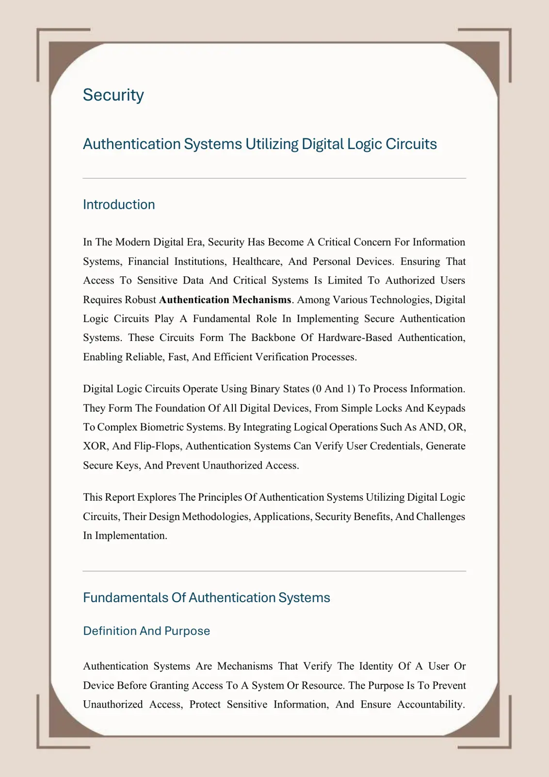 غلاف تقرير Security Authentication Systems Utilizing Digital Logic Circuits
