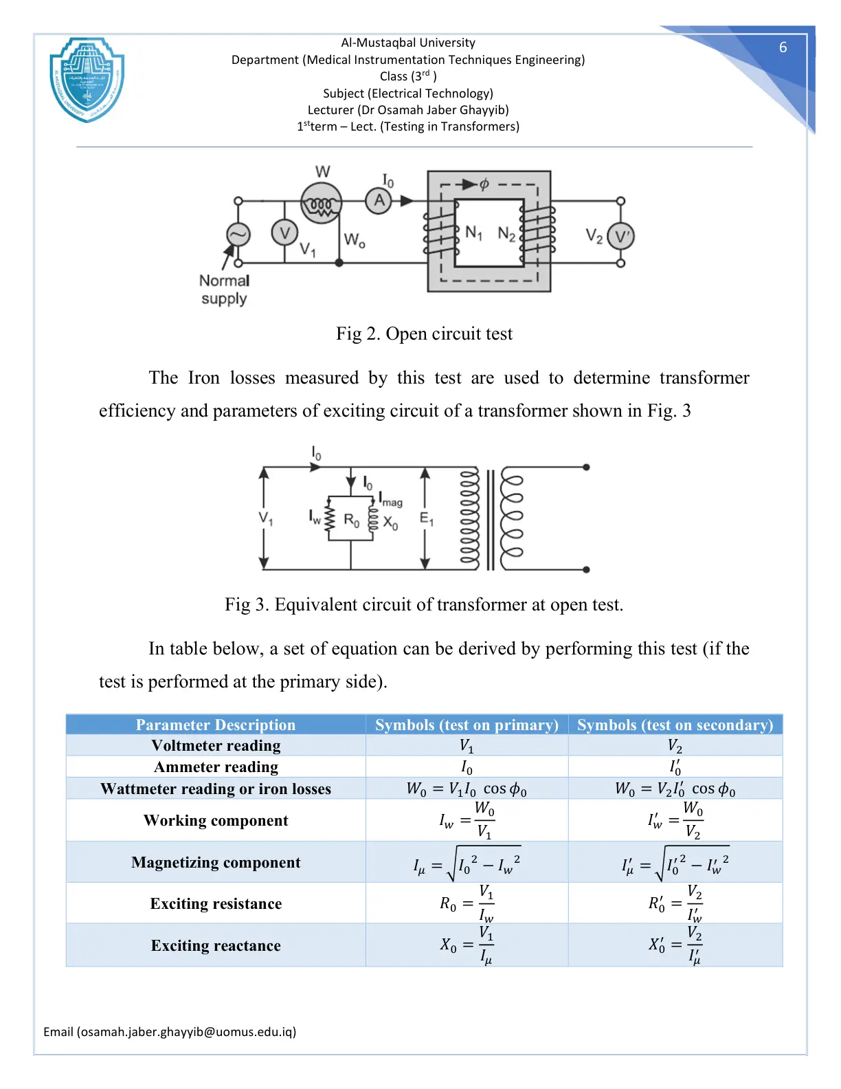غلاف تقرير Testing in Transformers - Open Circuit Test