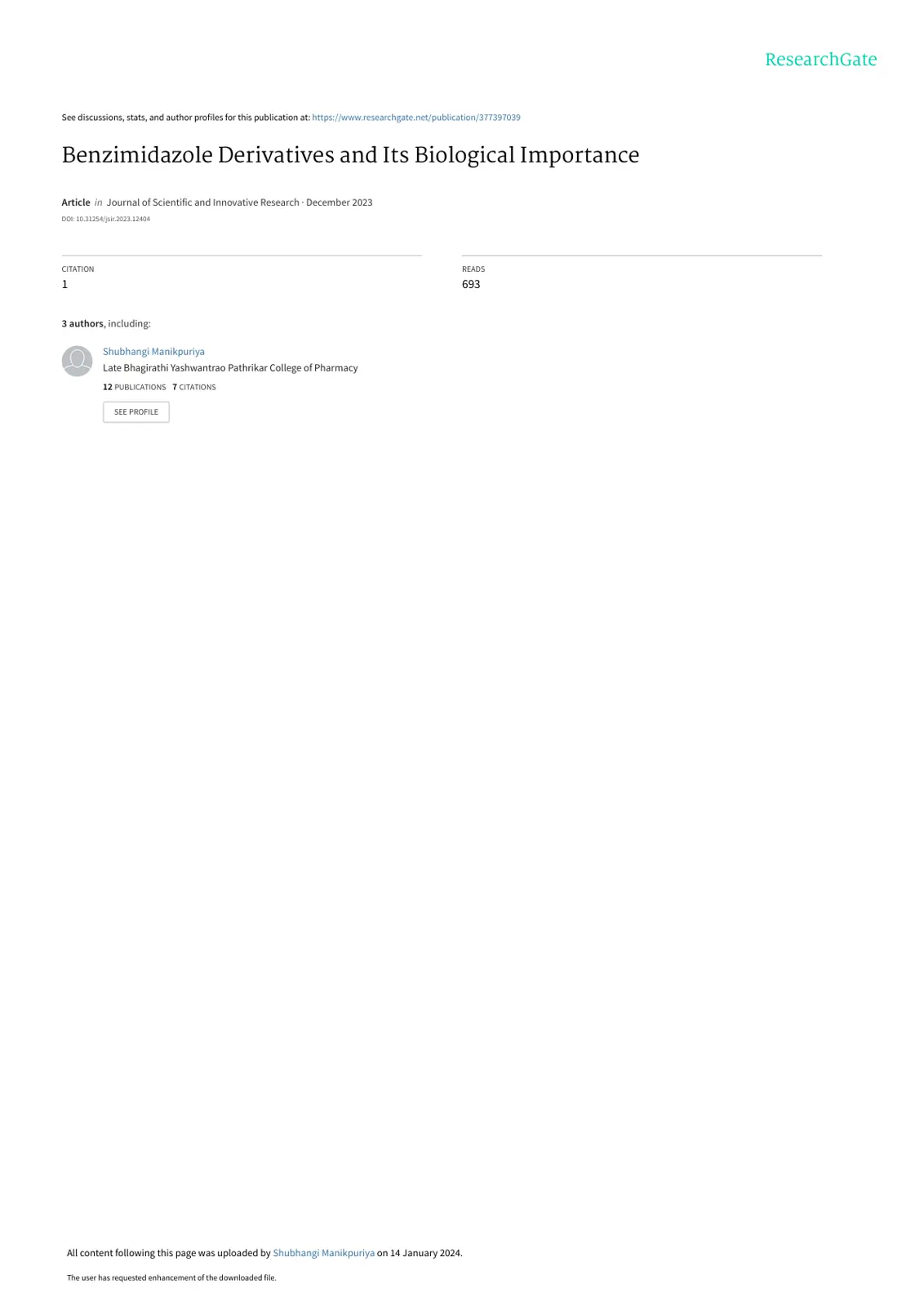 غلاف تقرير Benzimidazole Derivatives and Its Biological Importance