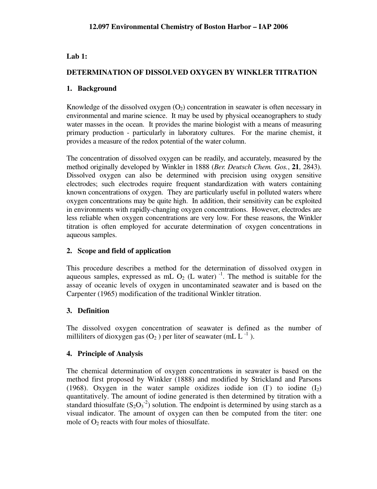 غلاف تقرير DETERMINATION OF DISSOLVED OXYGEN BY WINKLER TITRATION