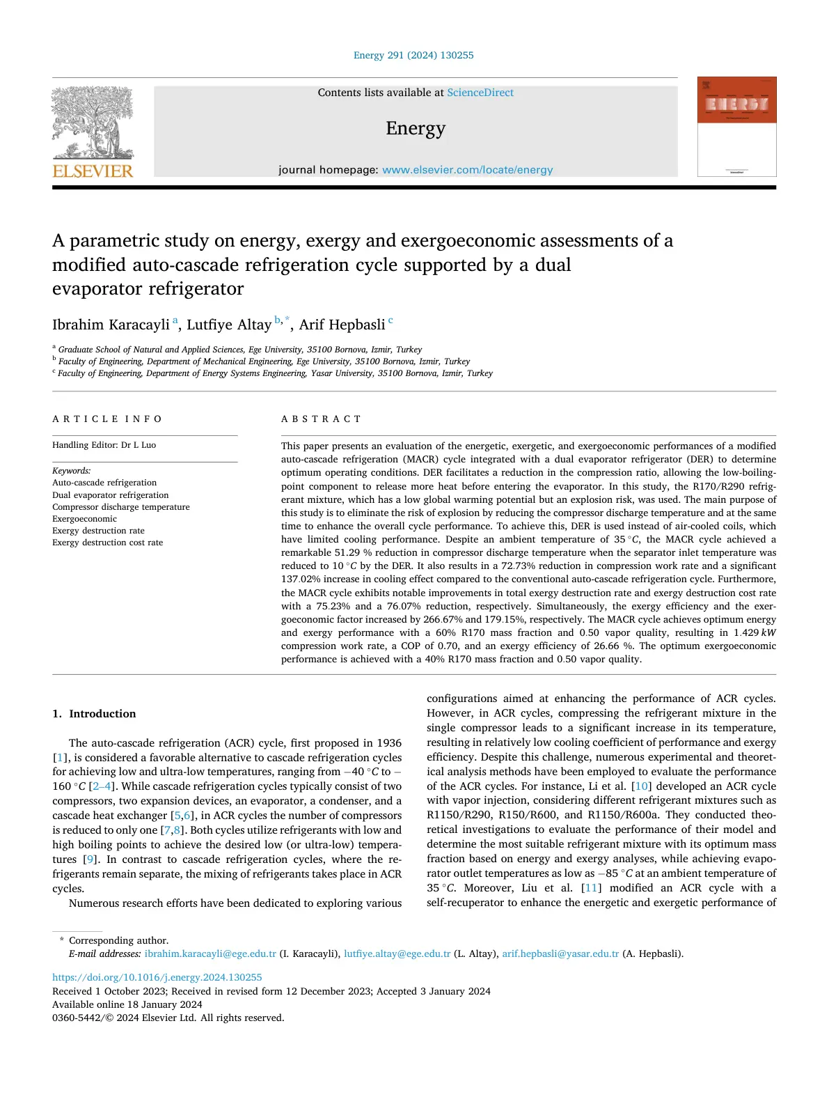 غلاف تقرير A parametric study on energy, exergy and exergoeconomic assessments of a modified auto-cascade refrigeration cycle supported by a dual evaporator refrigerator
