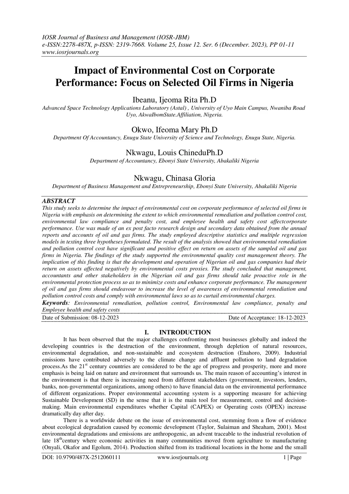 غلاف تقرير Impact of Environmental Cost on Corporate Performance: Focus on Selected Oil Firms in Nigeria