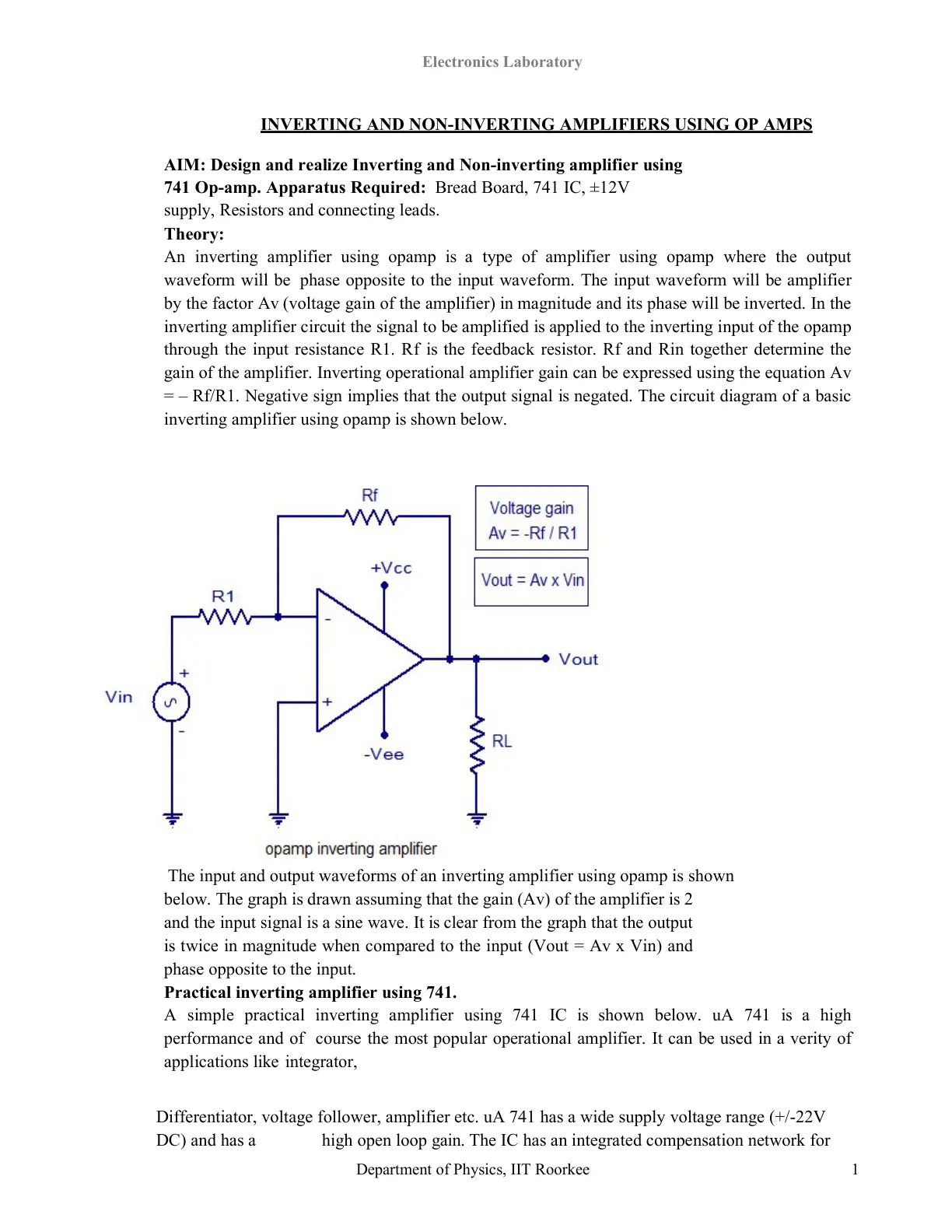 غلاف تقرير Electronics Laboratory: INVERTING AND NON-INVERTING AMPLIFIERS USING OP AMPS