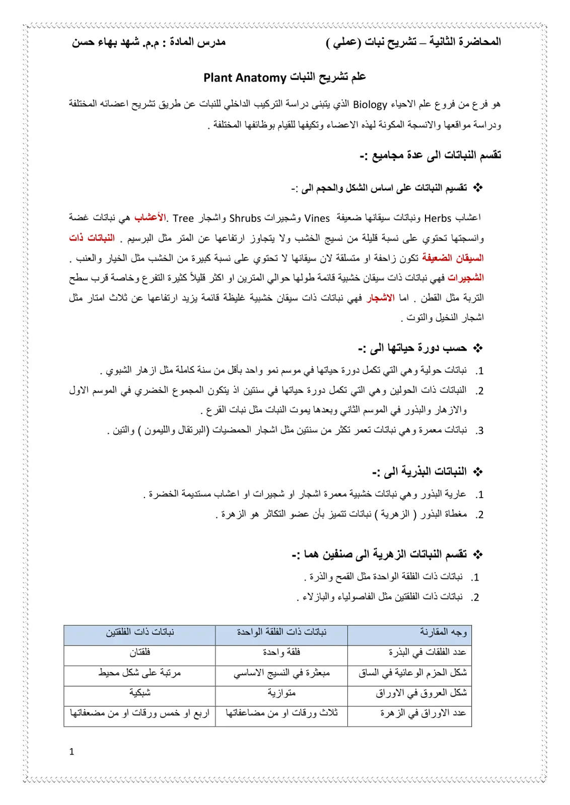 غلاف تقرير تشريح نبات عملي - المحاضرة الثانية