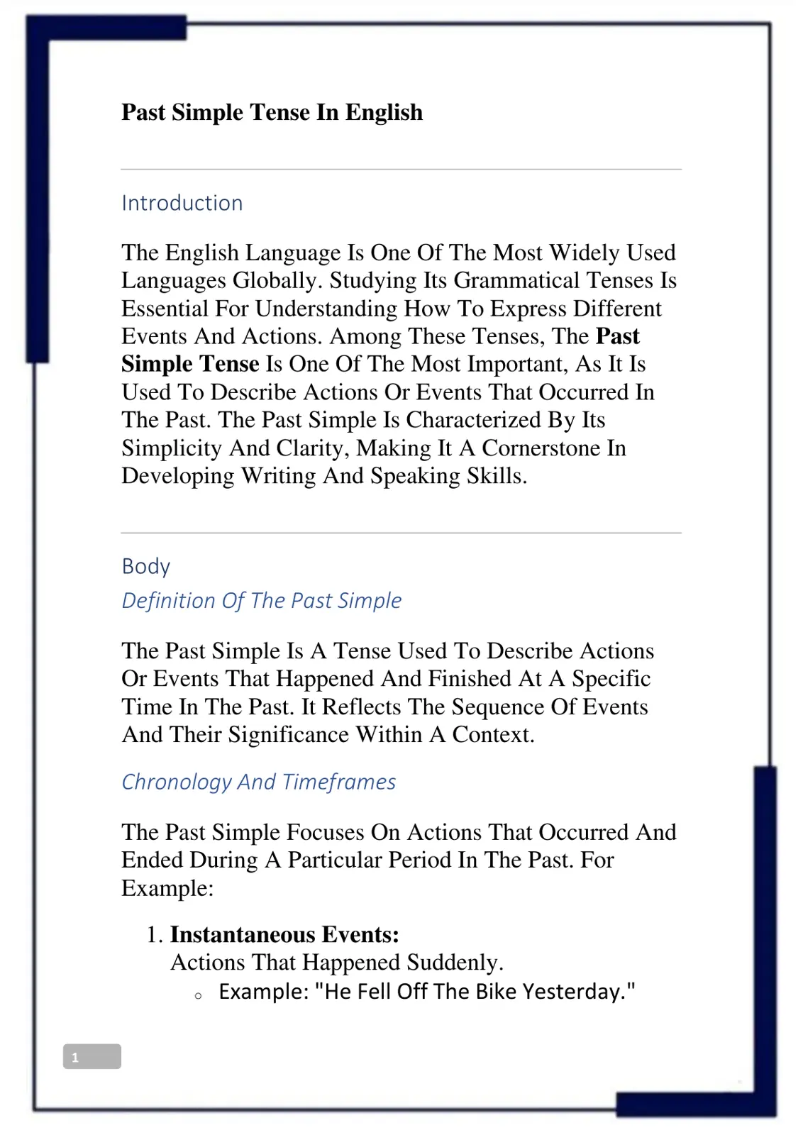 غلاف تقرير Past Simple Tense In English